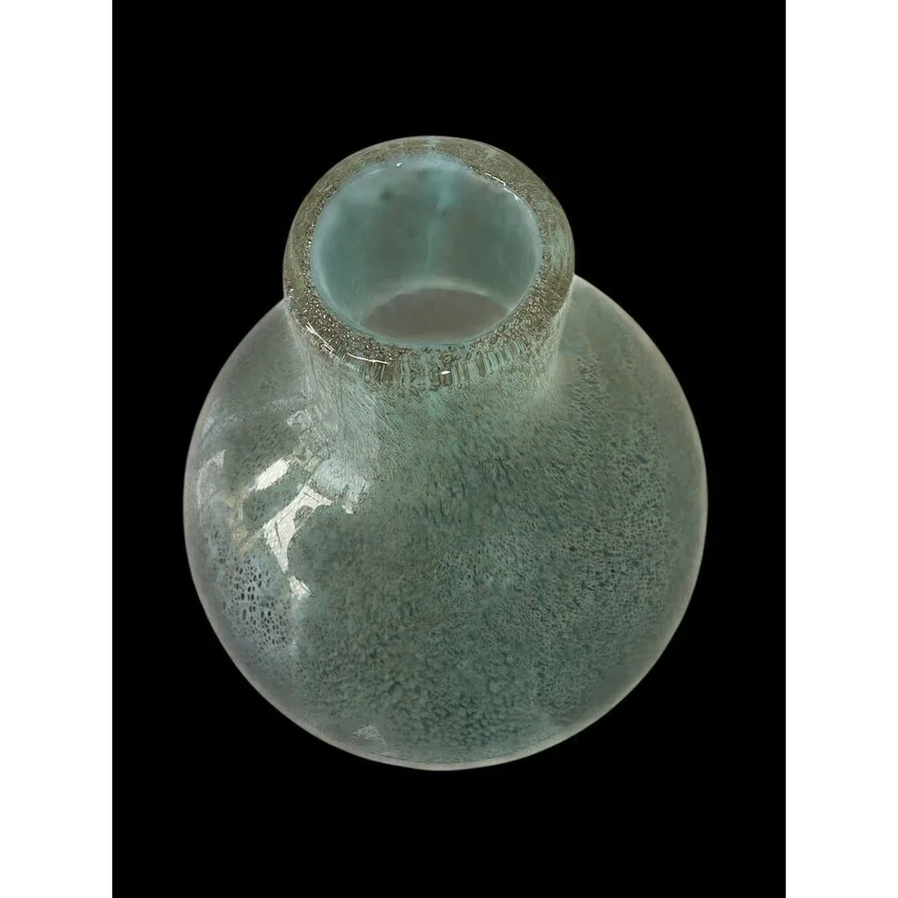 90s Aqua Hand-Blown Bubble Glass Vase 11” Textured Art Glass Modern Decor